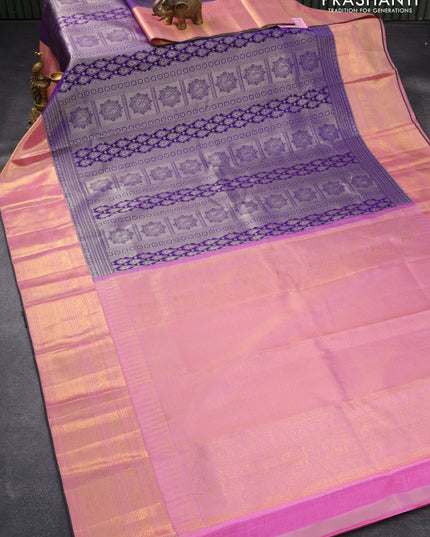 Pure kanjivaram silk saree violet and light pink with allover silver zari woven annam brocade weaves and long rich elephant zari woven border