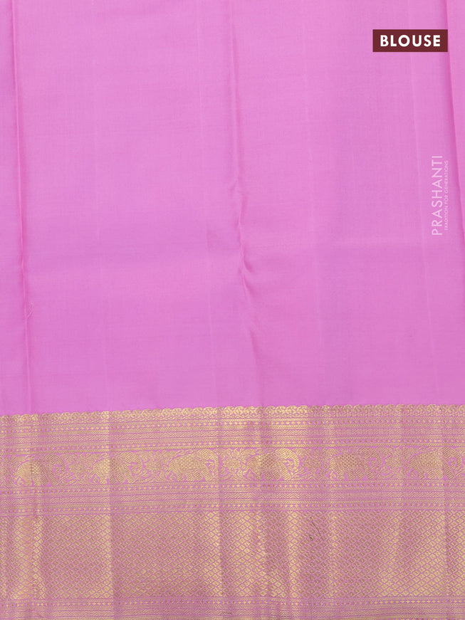 Pure kanjivaram silk saree violet and light pink with allover silver zari woven annam brocade weaves and long rich elephant zari woven border