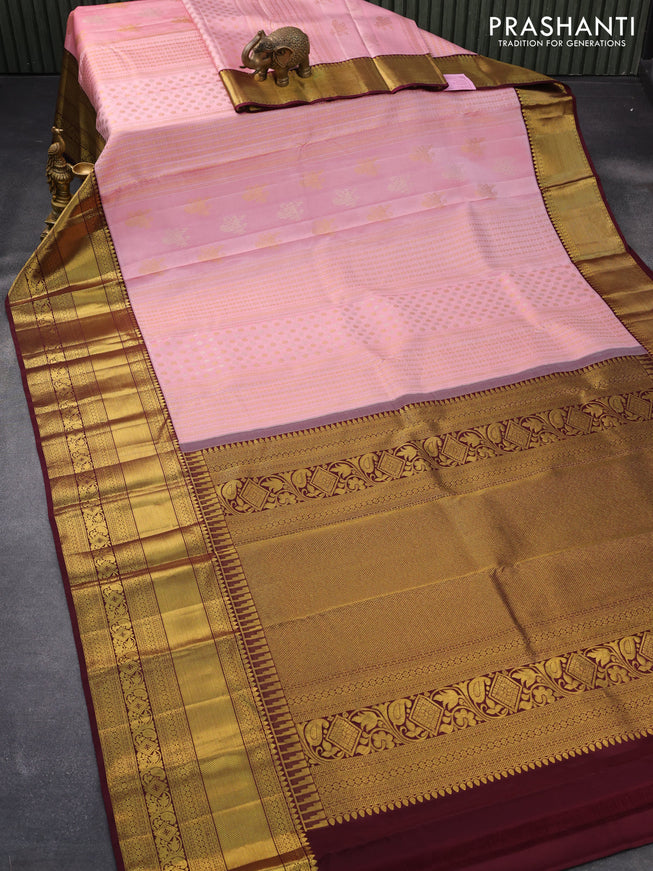 Pure kanjivaram silk saree light pink and deep maroon with allover silver gold zari weaves & buttas and long rich zari woven border