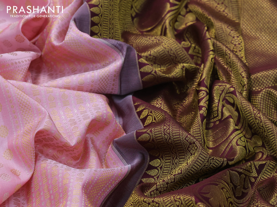 Pure kanjivaram silk saree light pink and deep maroon with allover silver gold zari weaves & buttas and long rich zari woven border