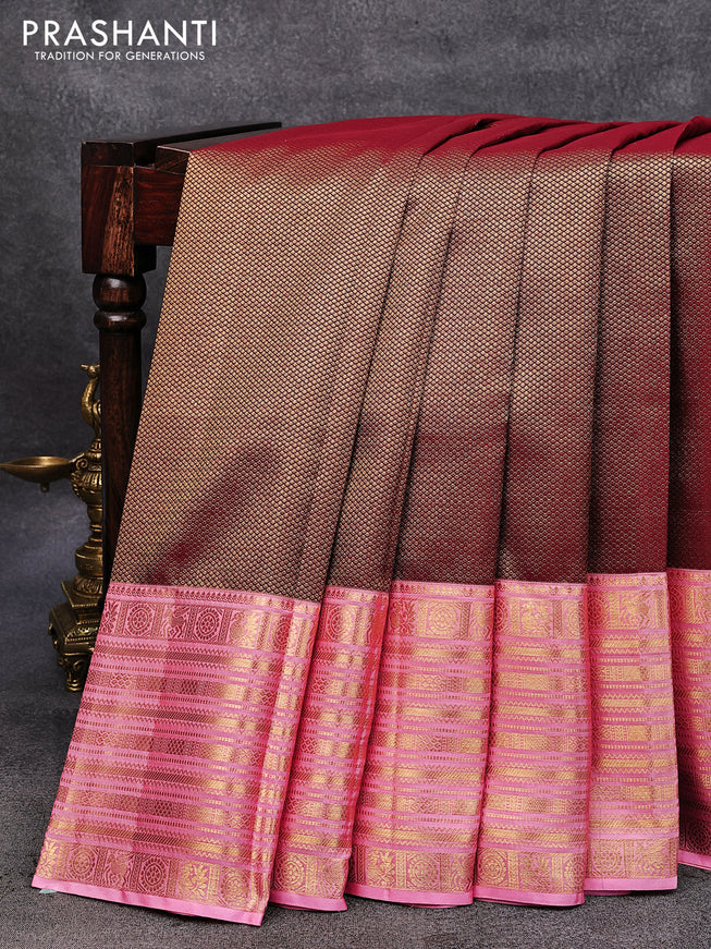 Pure kanjivaram silk saree maroon and light pink with allover zari woven brocade weaves and long rich zari woven border