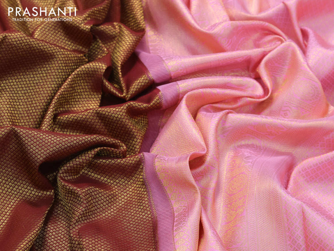 Pure kanjivaram silk saree maroon and light pink with allover zari woven brocade weaves and long rich zari woven border