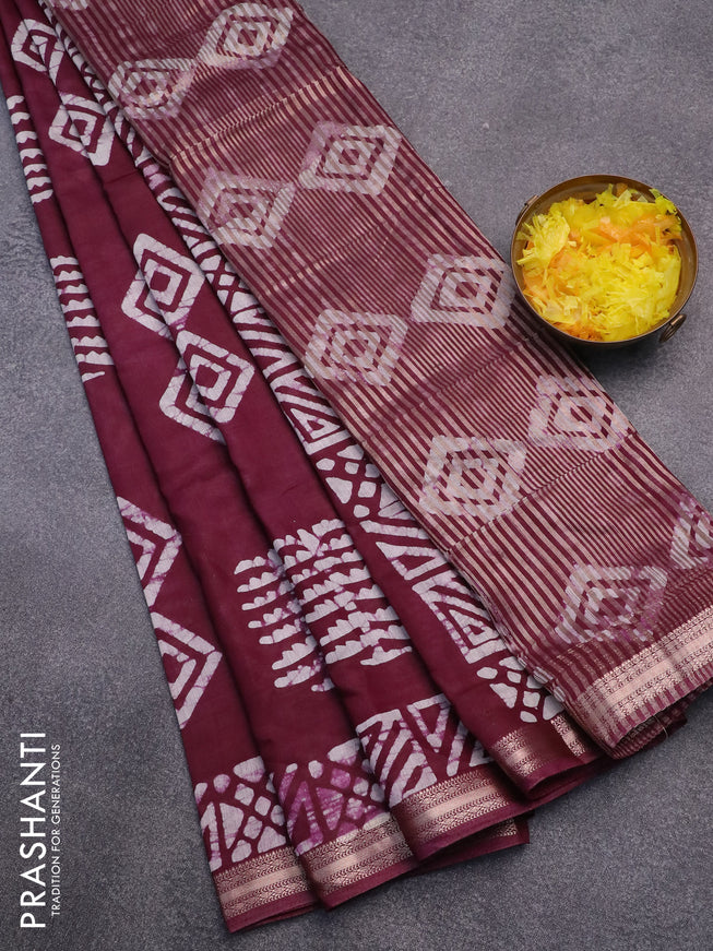 Semi gadwal saree wine shade with allover batik butta prints and zari woven border