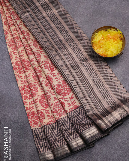 Semi gadwal saree beige maroon and dark beige black with allover prints and zari woven border