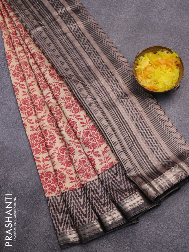 Semi gadwal saree beige maroon and dark beige black with allover prints and zari woven border