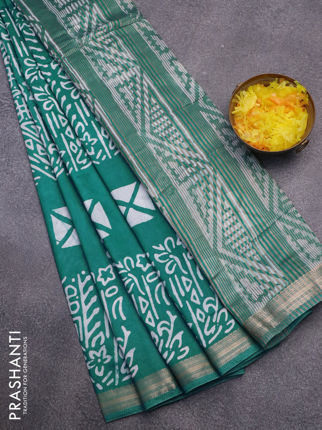 Semi gadwal saree teal green and off white with allover prints and zari woven border