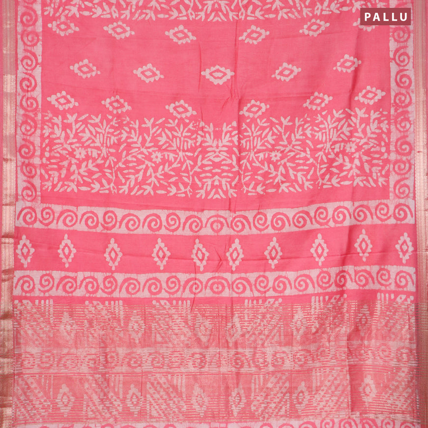 Semi gadwal saree light pink and off white with allover batik prints and zari woven border