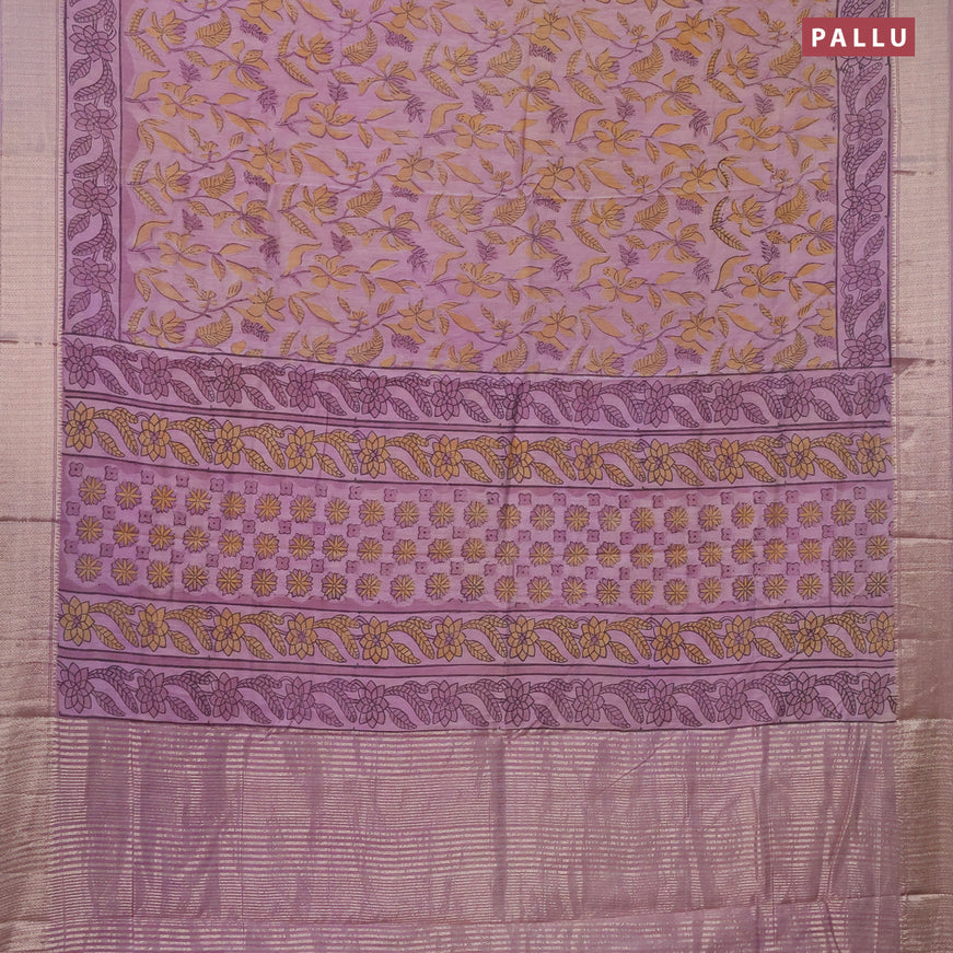 Semi gadwal saree mild purple shade with allover floral prints and zari woven border
