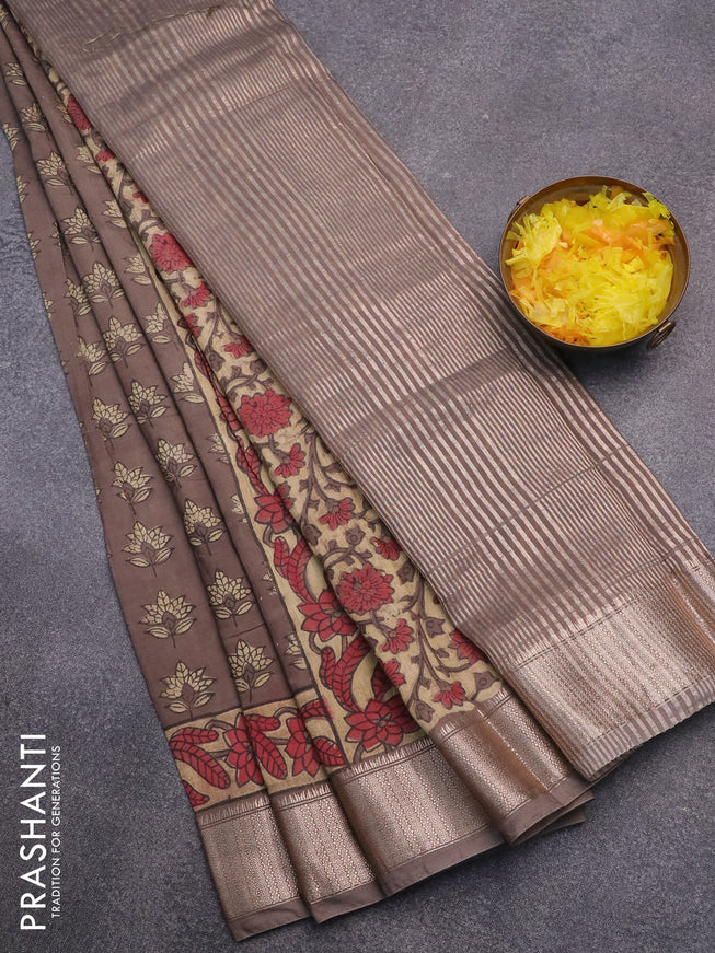 Semi gadwal saree grey shade with allover floral butta prints and zari woven border