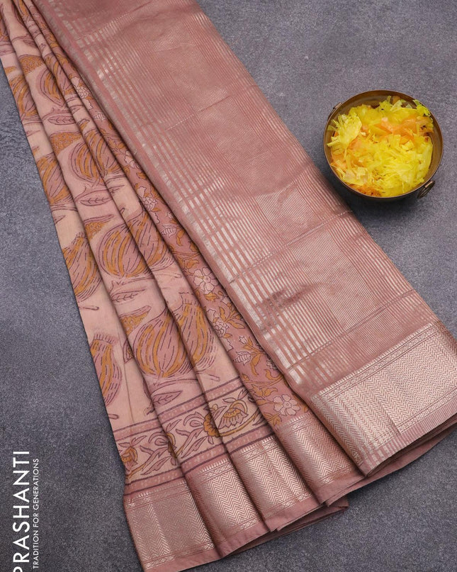 Semi gadwal saree pastel peach with allover prints and zari woven border