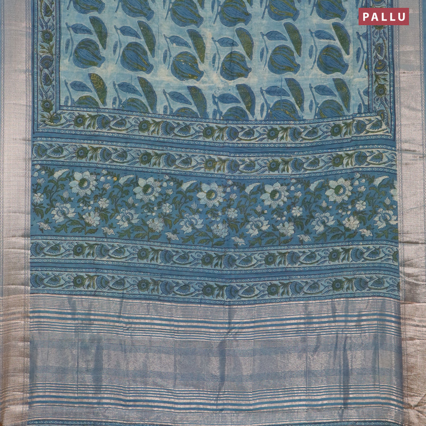 Semi gadwal saree bluish grey with allover prints and zari woven border
