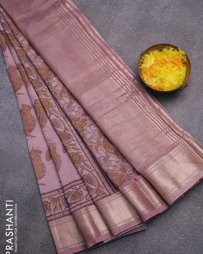 Semi gadwal saree greyish purple with allover prints and zari woven border