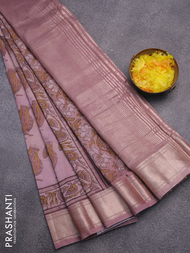 Semi gadwal saree greyish purple with allover prints and zari woven border