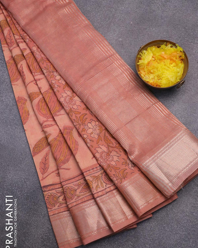Semi gadwal saree peach shade with allover prints and zari woven border