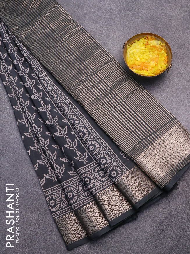 Semi gadwal saree elephant grey with allover prints and zari woven border