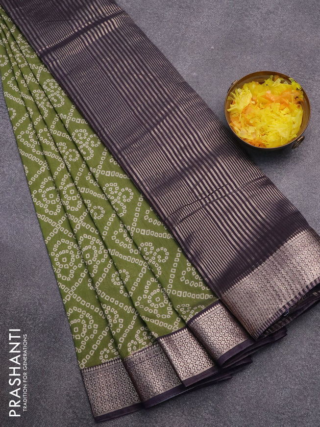 Semi gadwal saree mehendi green and jamun shade with allover bandhani prints and zari woven border