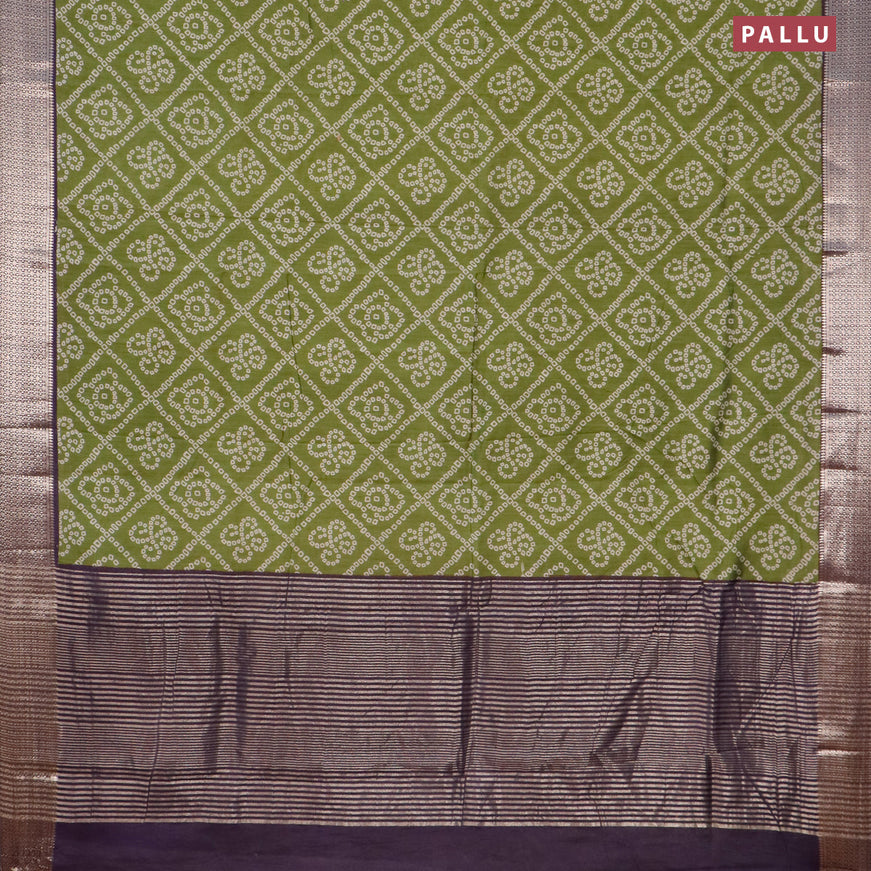 Semi gadwal saree mehendi green and jamun shade with allover bandhani prints and zari woven border