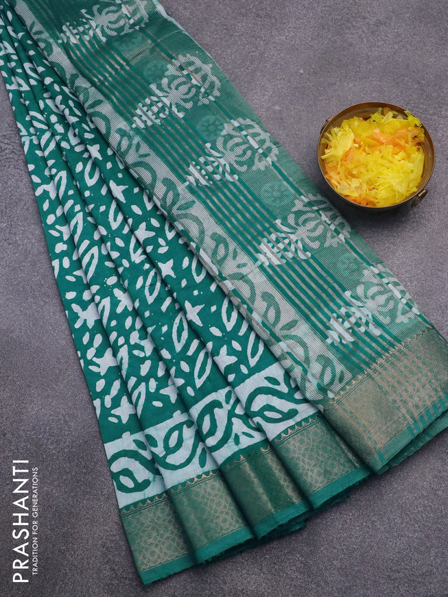 Semi gadwal saree teal green with allover batik prints and zari woven border