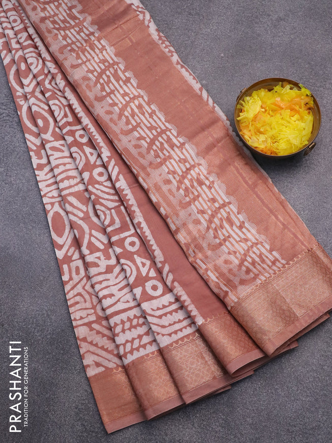Semi gadwal saree pastel brown shade and off white with allover batik prints and zari woven border
