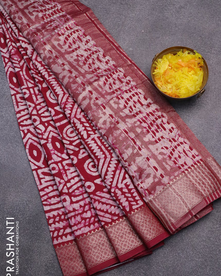 Semi gadwal saree maroon and off white with allover batik prints and zari woven border