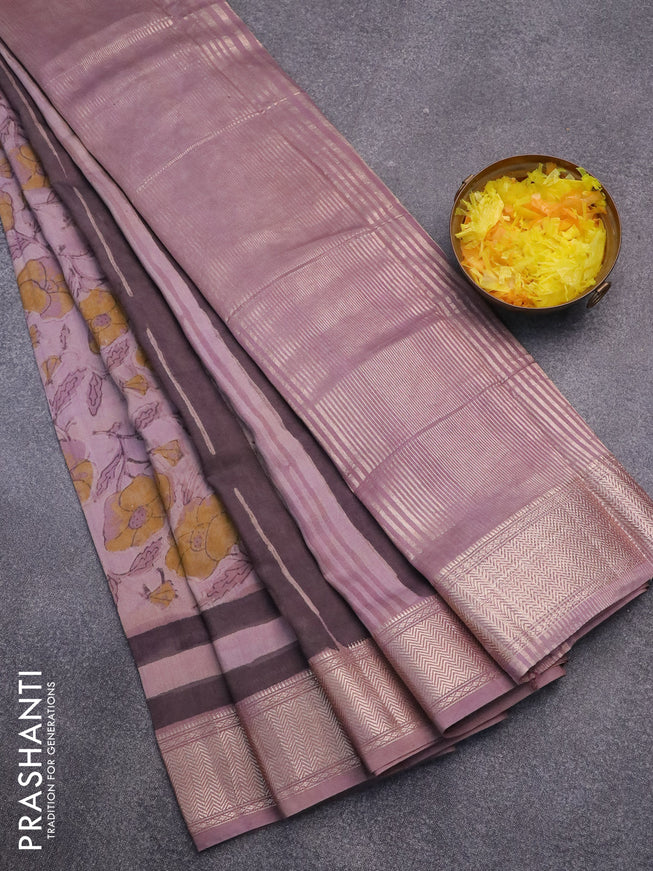 Semi gadwal saree rosy brown with allover floral prints and zari woven border