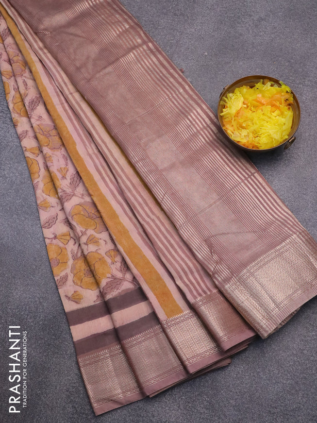 Semi gadwal saree pastel brown shade with allover floral prints and zari woven border