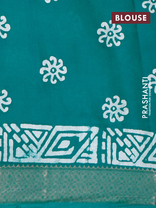Semi gadwal saree teal green and off white with allover batik prints and zari woven border