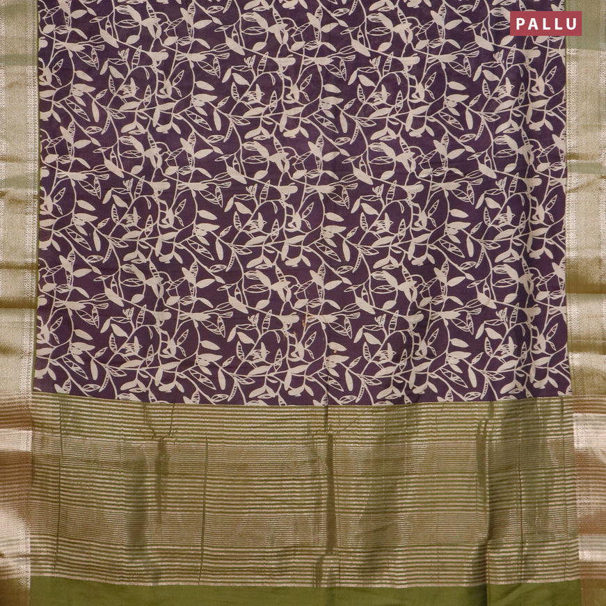 Semi gadwal saree deep jamun shade and mehendi green with allover prints and zari woven border
