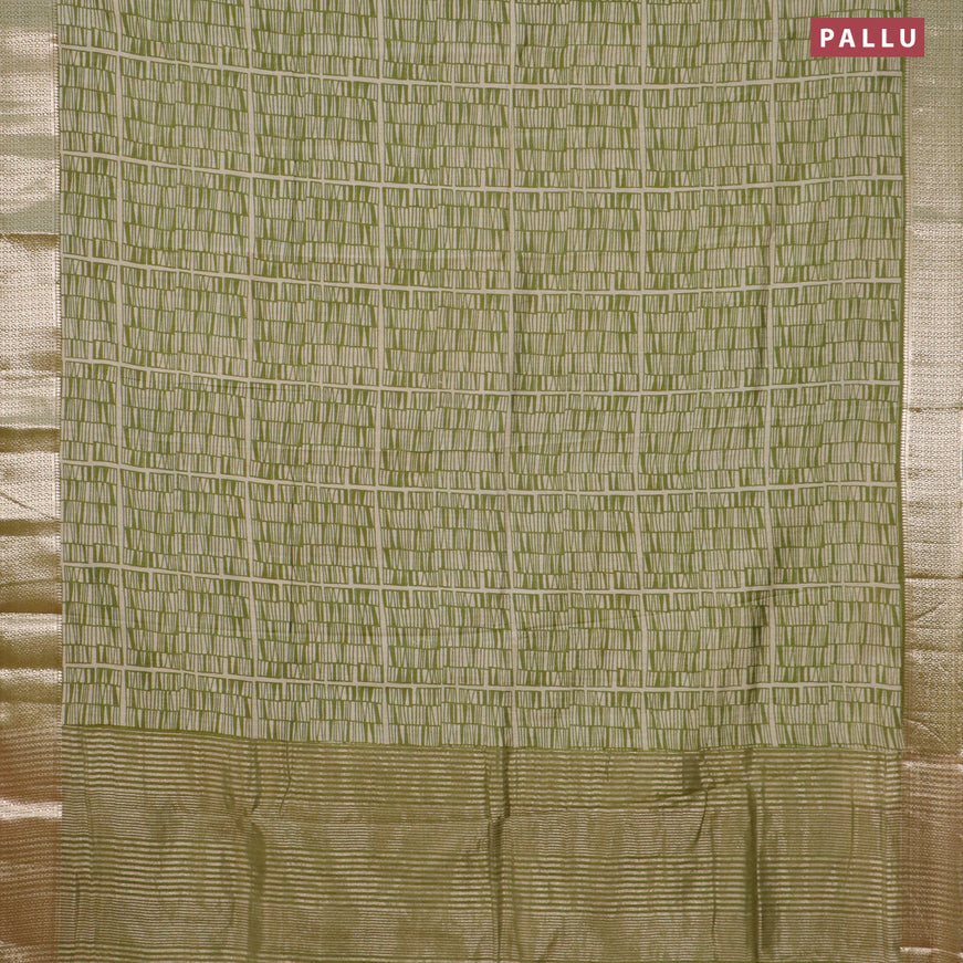 Semi gadwal saree mehendi green and beige with allover geometric prints and zari woven border