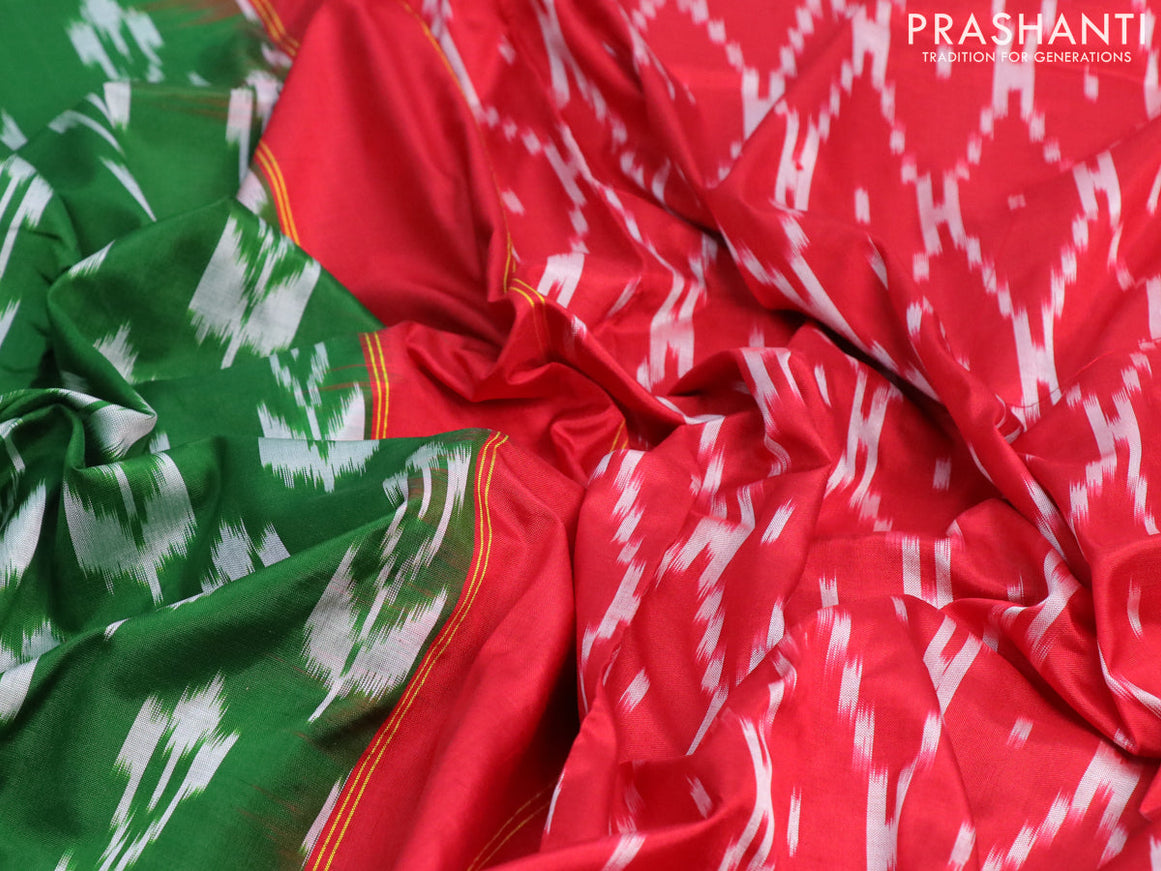 Pochampally silk saree green and red with allover ikat butta weaves and zari woven ikat style border