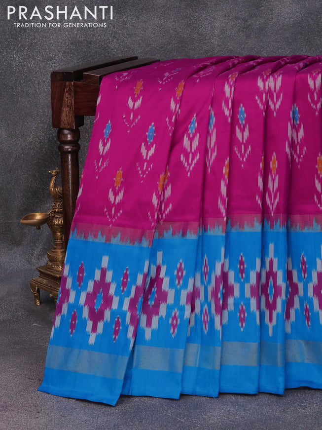 Pochampally silk saree pink and cs blue with allover ikat weaves and ikat woven zari border