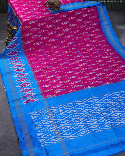 Pochampally silk saree pink and cs blue with allover ikat weaves and ikat woven zari border