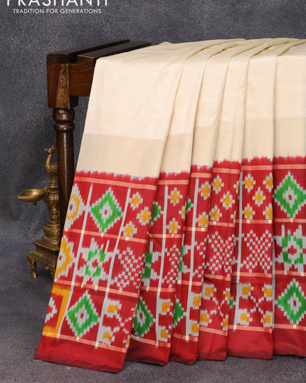 Pochampally silk saree cream and maroon with plain body and long ikat woven border