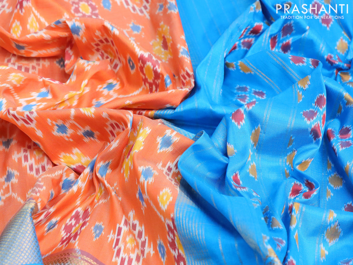 Pochampally silk saree orange and cs blue with allover ikat weaves and long rettapet ikat zari woven border