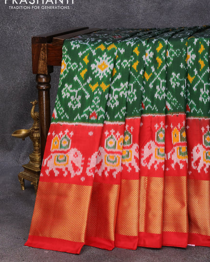 Pochampally silk saree green and red with allover ikat weaves and long zari woven border