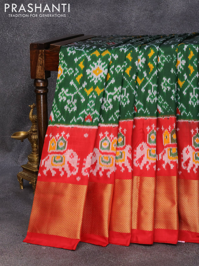 Pochampally silk saree green and red with allover ikat weaves and long zari woven border
