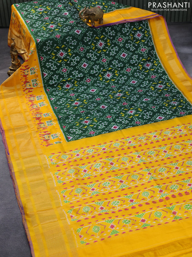 Pochampally silk saree green and yellow with allover ikat weaves and long zari woven border