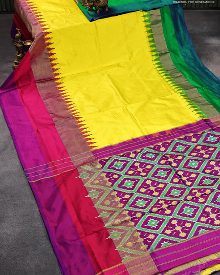 Pochampally silk saree yellow with plain body and zari woven ganga jamuna border