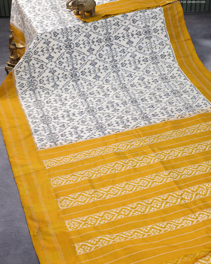 Pochampally silk saree off white and mustard yellow with allover ikat weaves and simple border