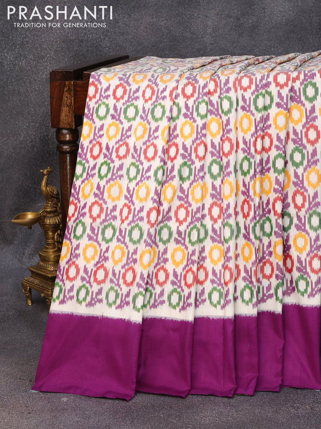 Pochampally silk saree off white and purple with allover ikat weaves and simple border