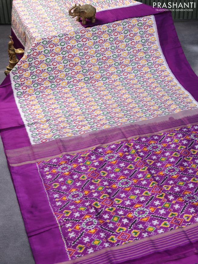 Pochampally silk saree off white and purple with allover ikat weaves and simple border