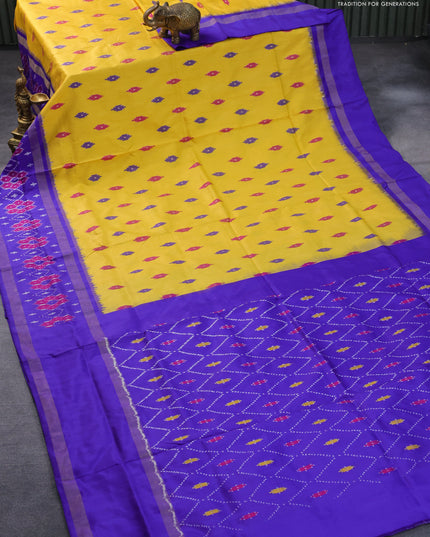 Pochampally silk saree yellow and blue with allover ikat butta weaves and rettapet zari woven ikat style border