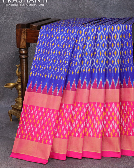 Pochampally silk saree blue and pink with allover ikat weaves and rettapet zari woven ikat style border