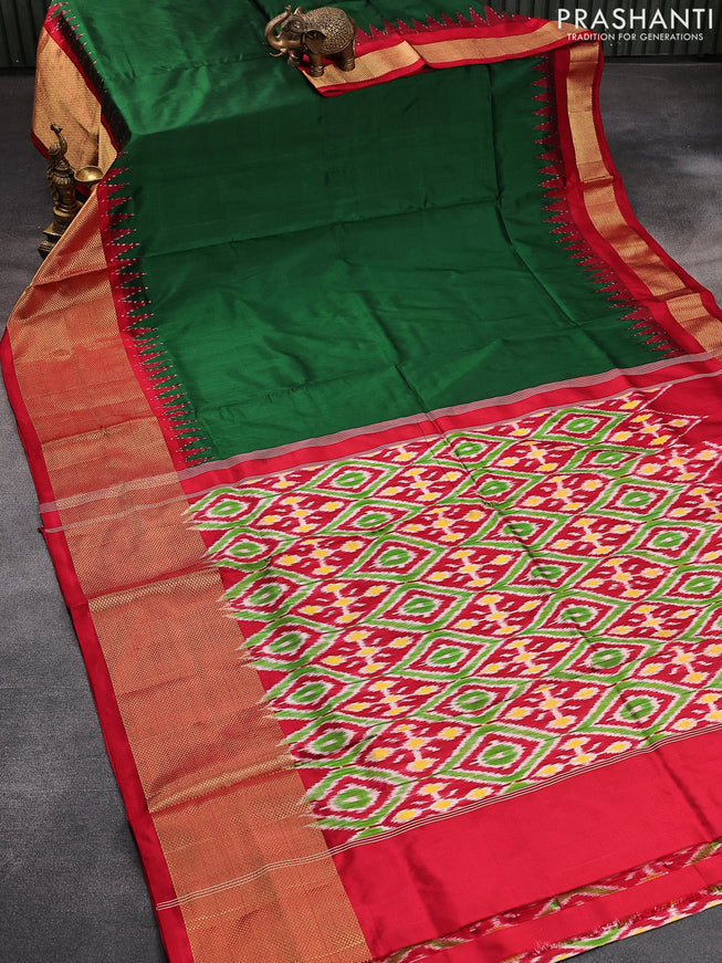 Pochampally silk saree green and red with plain body and temple design long zari woven border