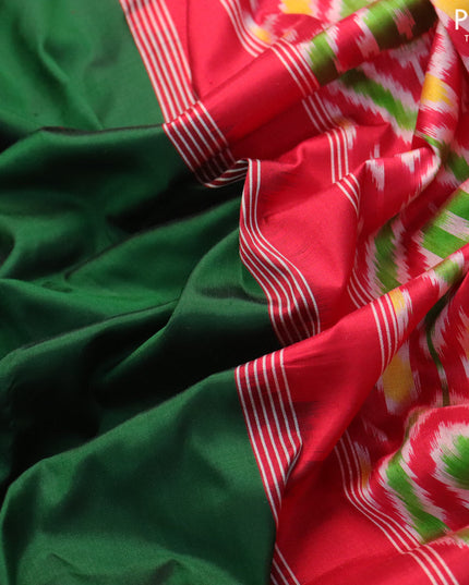 Pochampally silk saree green and red with plain body and temple design long zari woven border