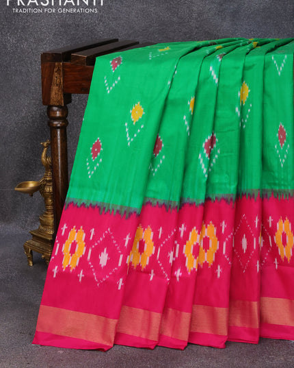 Pochampally silk saree green and pink with allover ikat butta weaves and zari woven border