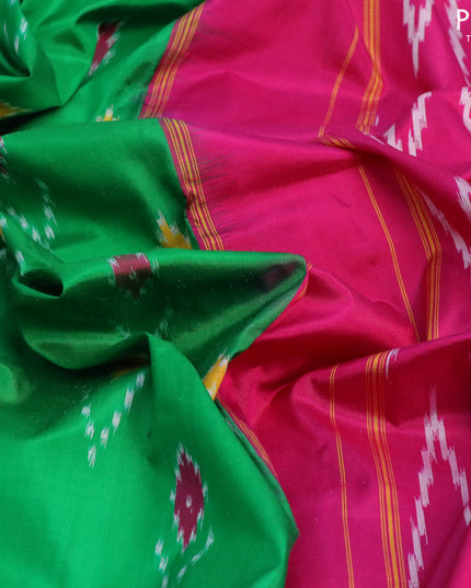 Pochampally silk saree green and pink with allover ikat butta weaves and zari woven border