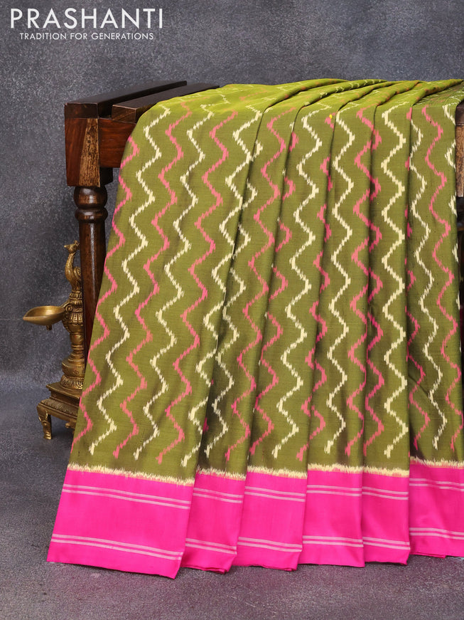 Pochampally silk saree mehendi green and pink with allover wevy weaves and simple border