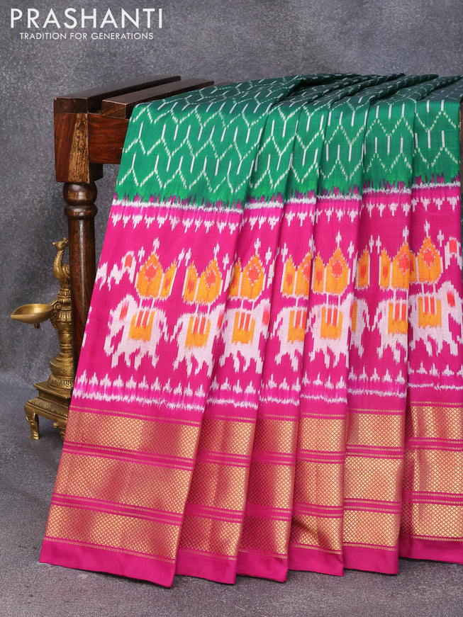 Pochampally silk saree green and purple with allover ikat weaves and long zari woven border