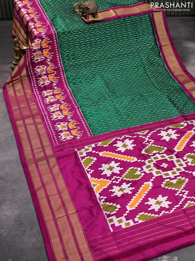 Pochampally silk saree green and purple with allover ikat weaves and long zari woven border